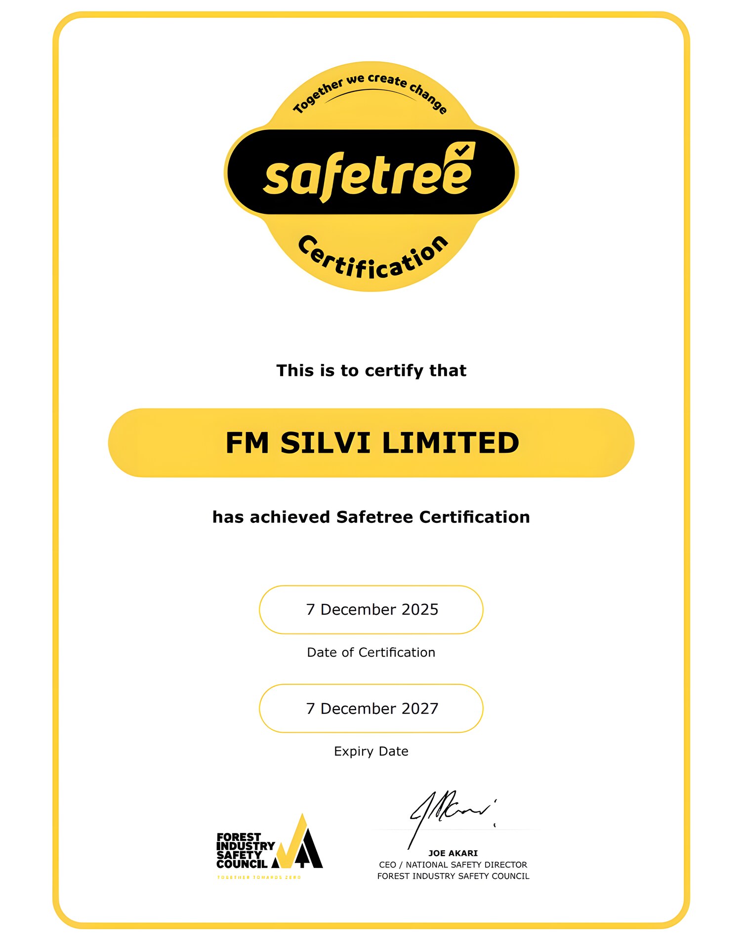 Safetree Certification for FM Silvi Limited from the Forest Industry Safety Council, certified 7 December 2025, expiring 7 December 2027