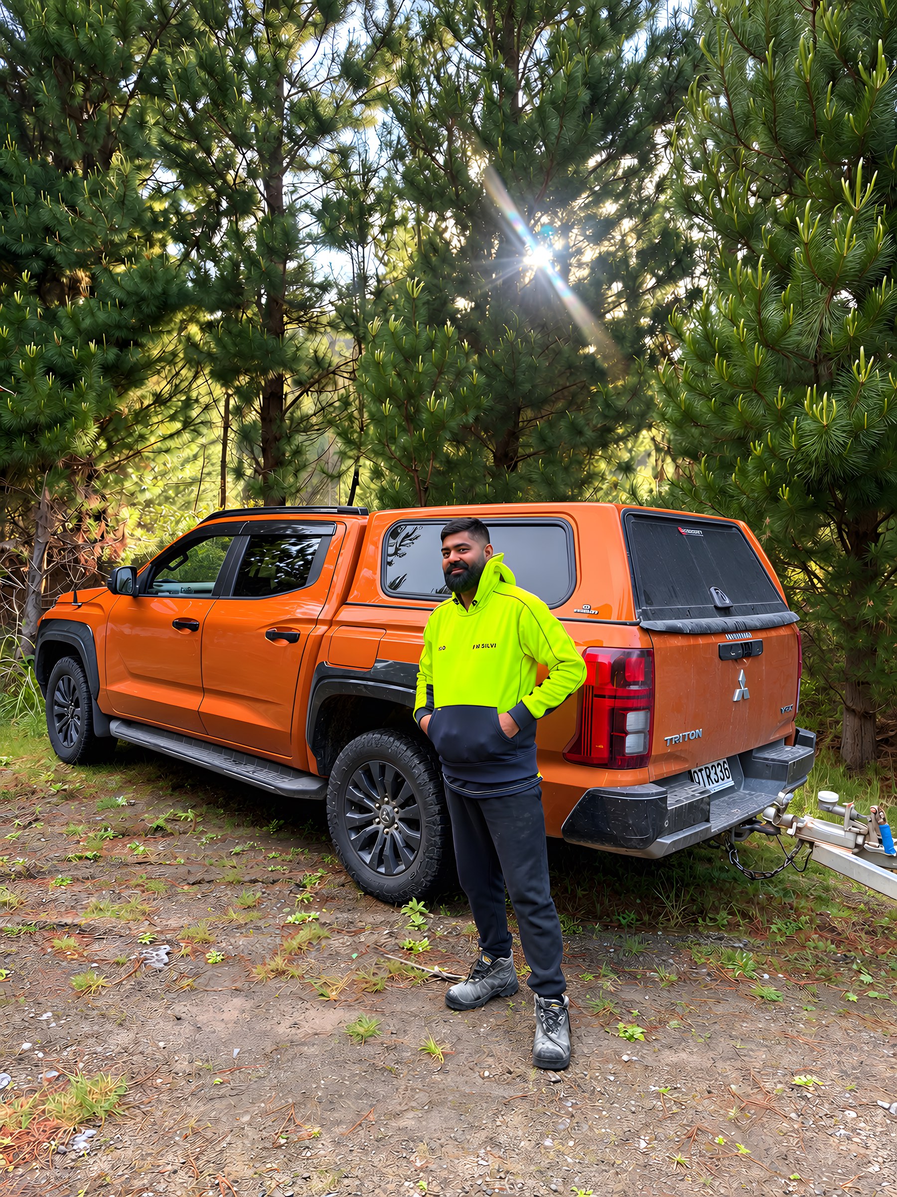 Anial Prakash, director of FM Silvi Limited, beside the company ute in a pine block