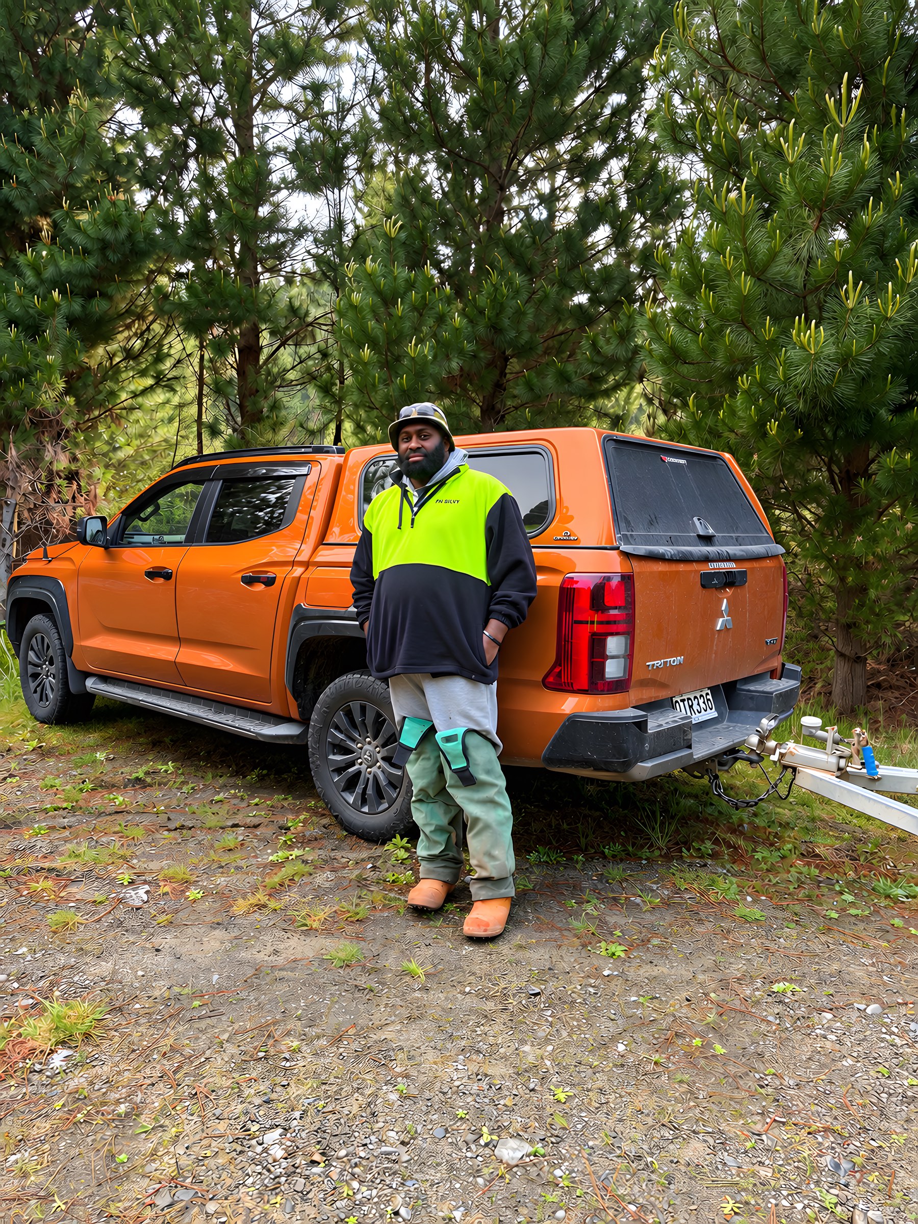 Aminisitai Ratucoka, foreman at FM Silvi Limited, beside the company ute in a pine block